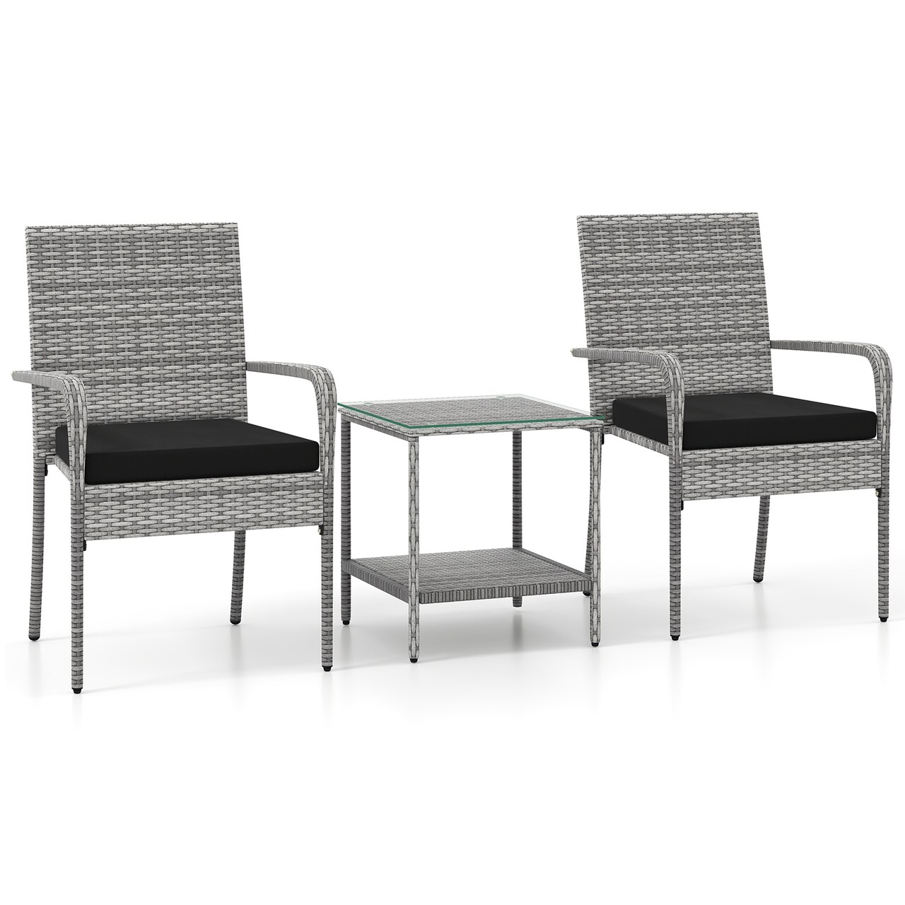 Mix Grey Rattan 3-Piece Patio Bistro Set with Cushions and Glass Table